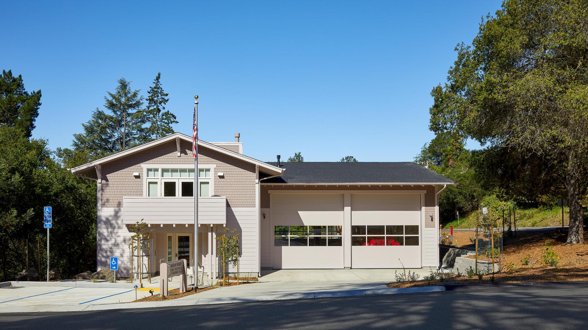 Fire station front with doors closed